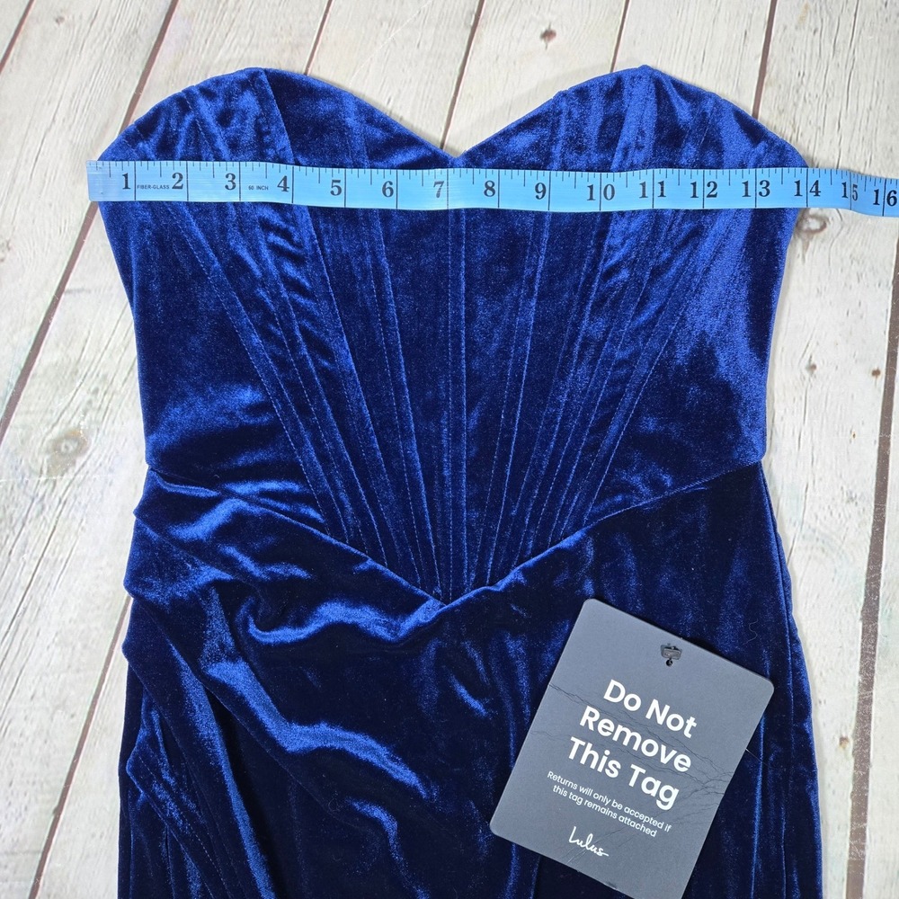Lulus Masterfully Flirty Dark Blue Velvet Bustier Midi Dress Strapless Small - Picture 9 of 9